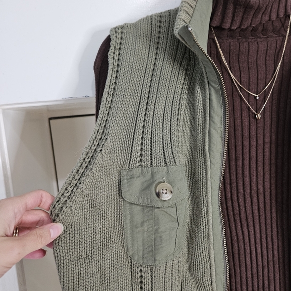 Eddie Bauer Vintage Green Knit Full Zip Sweater Vest Cotton Olive Knit Pocket XL - Picture 3 of 13